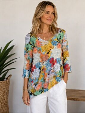 Shana Floral Asymmetrical Tunic Top Medium 3/4 Sleeve Colorful Artsy Boho